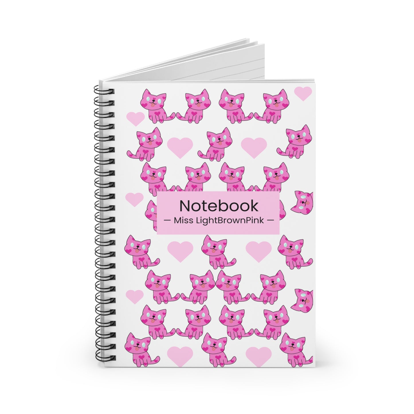 Pink Cat with Hearts Notebook – Cute Ruled Journal, Miss LightBrownPink